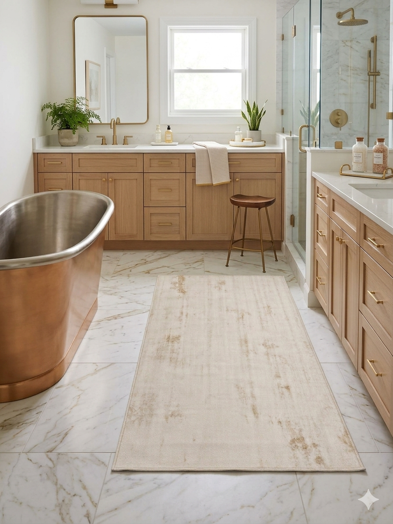 4' x 6' Rectangular Ivory & Gold Distressed Abstract Modern Washable Area Rug styled in a luxurious bathroom beside a freestanding copper bathtub.