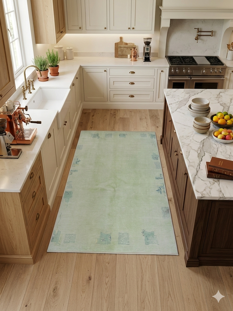 4' x 6' Rectangular Mint Green & Blue Gray Abstract Modern Area Rug placed in a bright kitchen between cabinets and island.