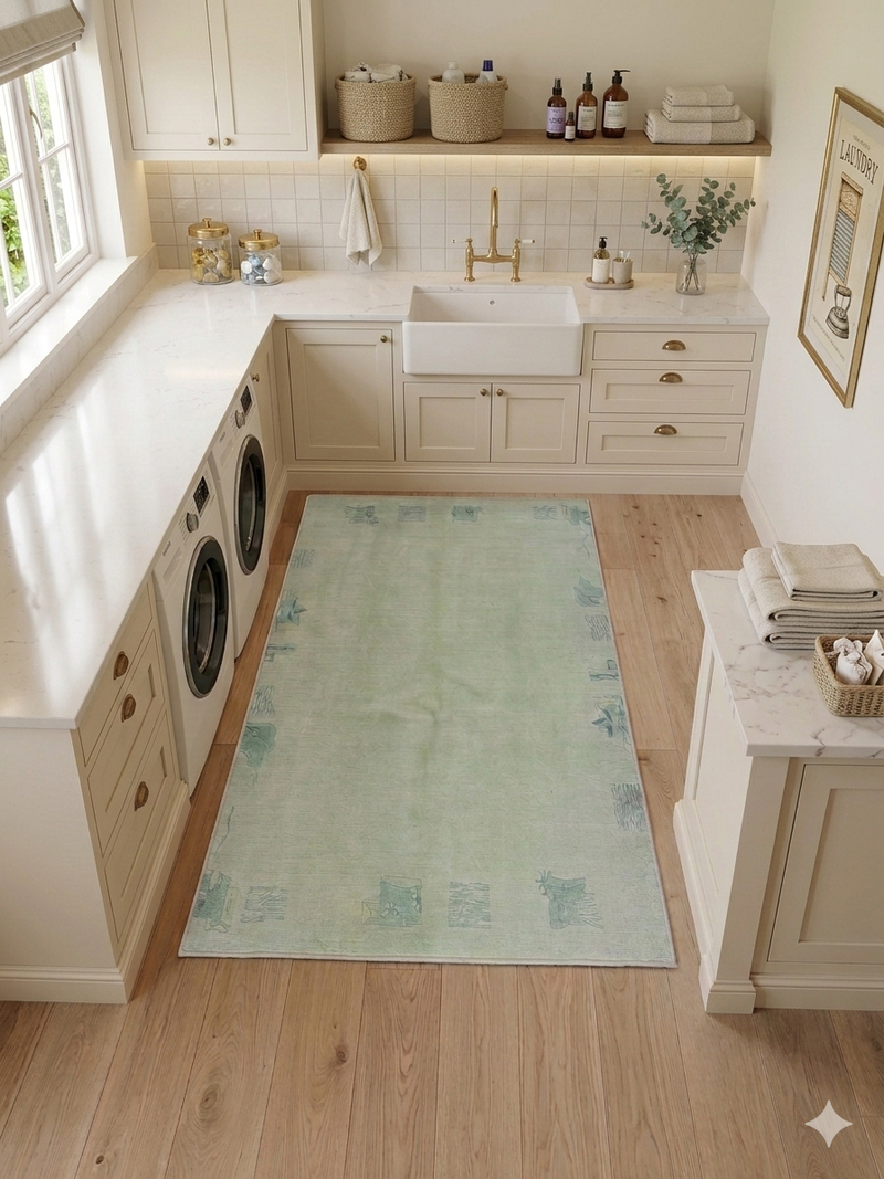 4' x 6' Rectangular Mint Green & Blue Gray Abstract Modern Area Rug placed in a clean laundry room with sink and cabinets.