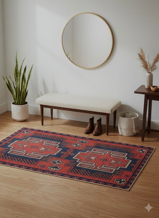 4' x 6' Rectangular Multi Color Southwestern Geometric Area Rug placed in a bright entryway with light wood floors, a cushioned bench, round wall mirror, potted snake plant, and warm neutral walls creating a welcoming, modern rustic setting.