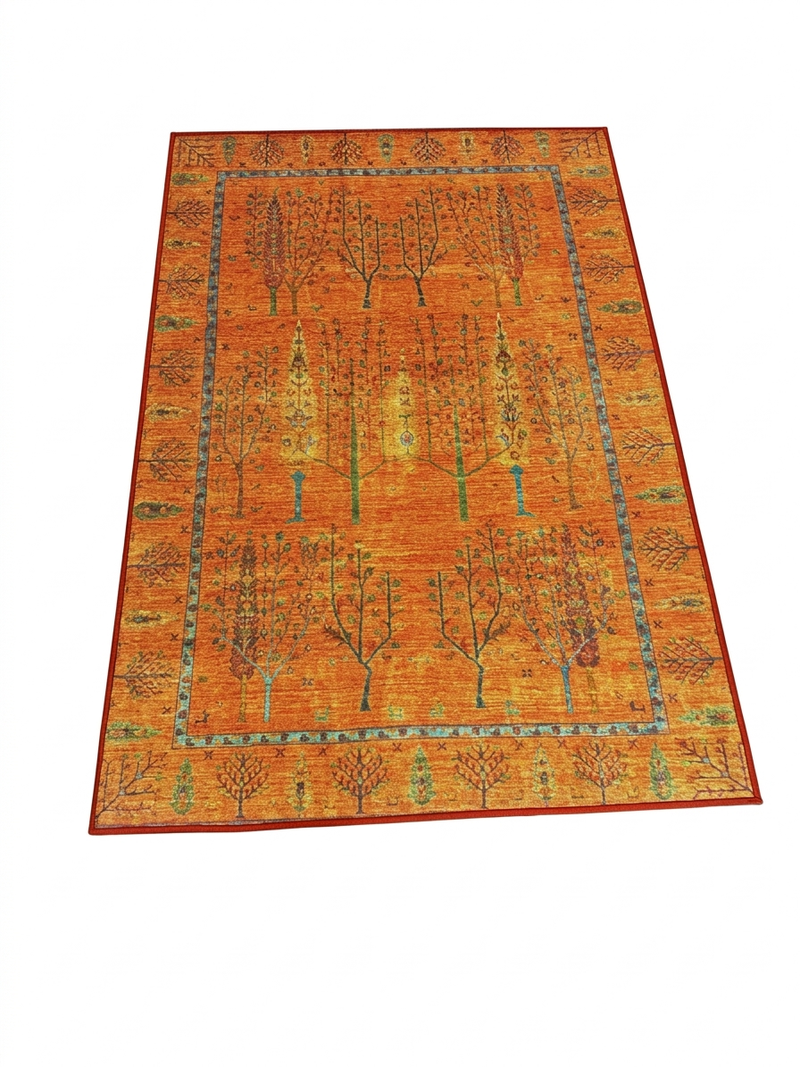 4' x 6' Rectangular Orange Multicolor Botanical Traditional Washable Area Rug isolated on a white background.