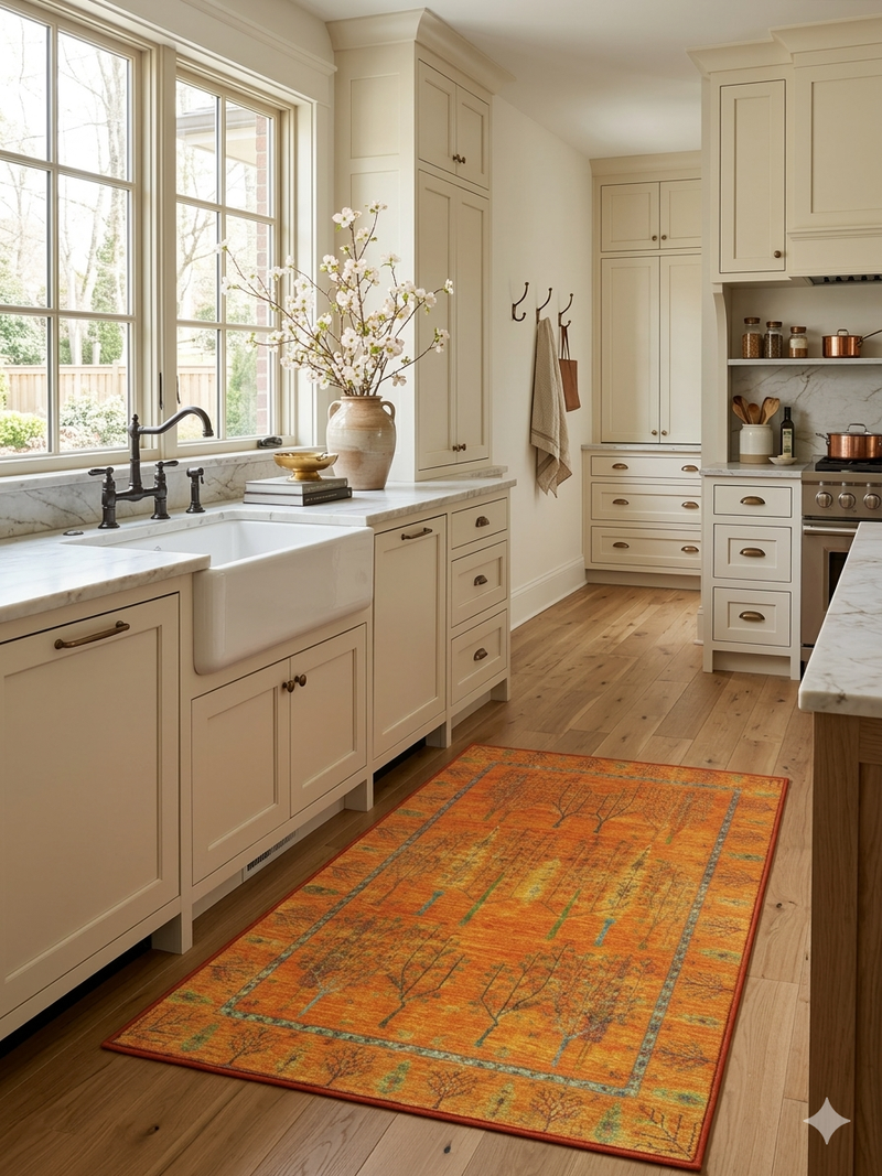 4' x 6' Rectangular Orange Multicolor Botanical Traditional Washable Area Rug styled in a kitchen.
