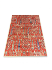 4' x 6' Rectangular Red & Blue Tree of Life Traditional Washable Area Rug displayed on a plain background.