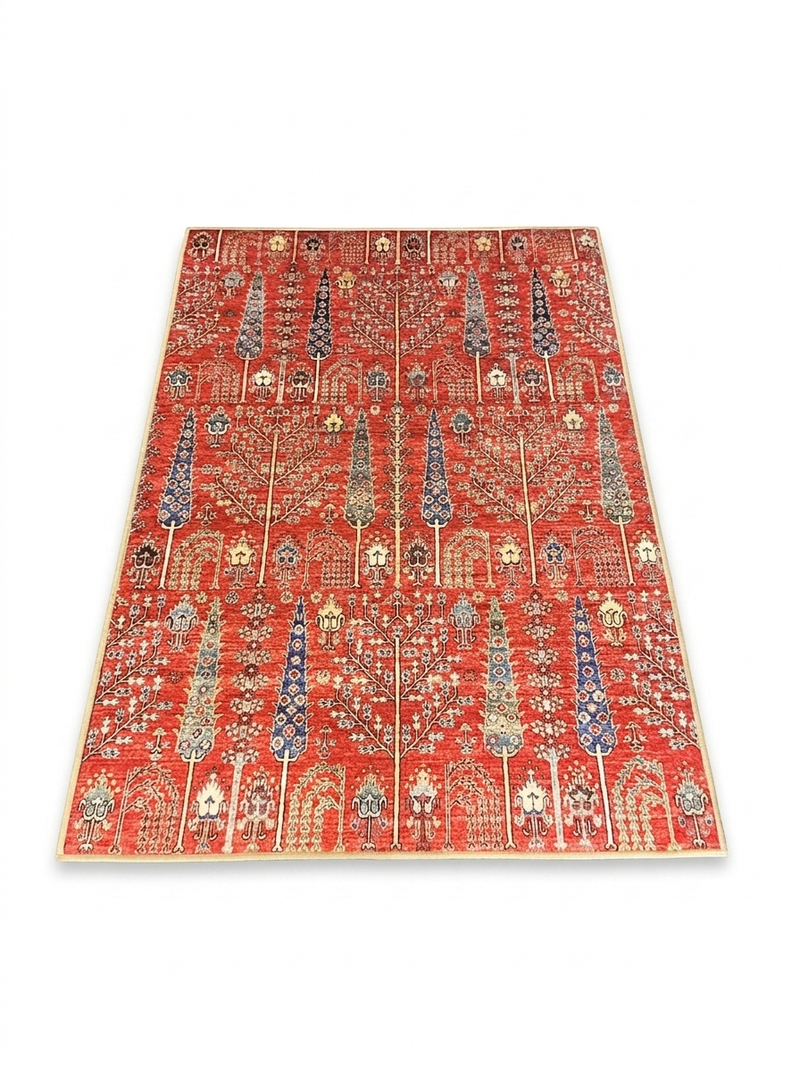 4' x 6' Rectangular Red & Blue Tree of Life Traditional Washable Area Rug displayed on a plain background.