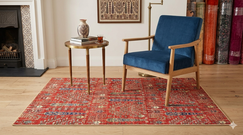 4' x 6' Rectangular Red & Blue Tree of Life Traditional Washable Area Rug styled in a classic reading nook beside a blue accent chair.