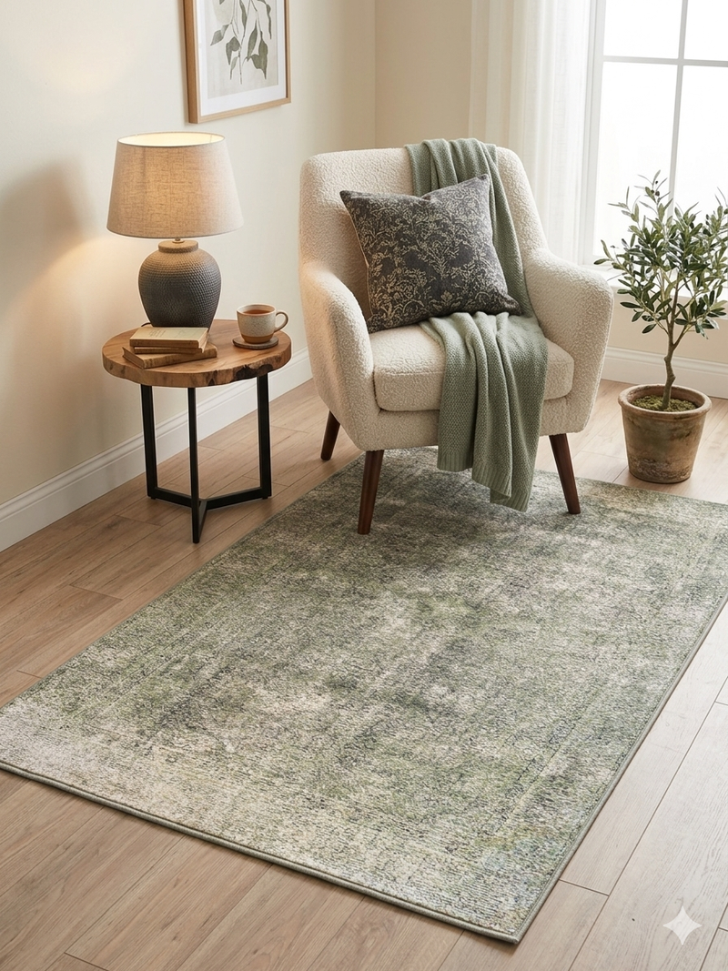 4' x 6' Rectangular Sage Green & Ivory Distressed Abstract Modern Washable Area Rug styled in a cozy reading nook with an accent chair and side table.