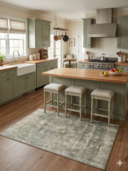 4' x 6' Rectangular Sage Green & Ivory Distressed Abstract Modern Washable Area Rug isolated on a white background.