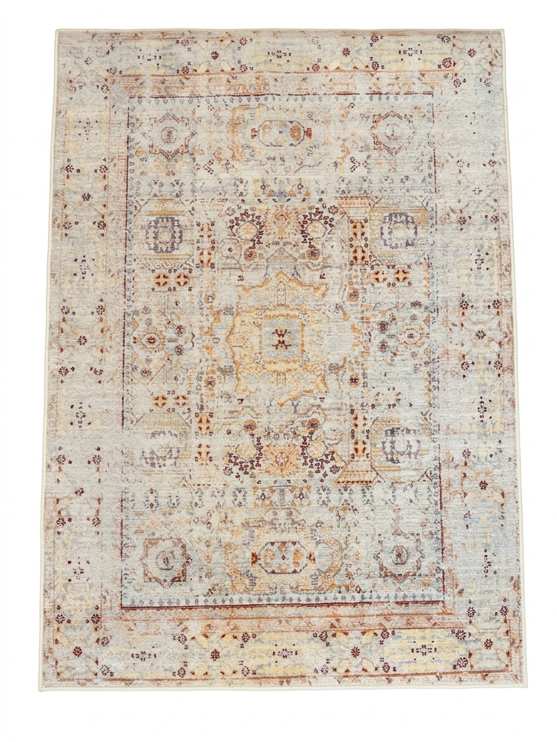4' x 6' rectangular ivory multicolor distressed floral medallion traditional area rug isolated on a white background.