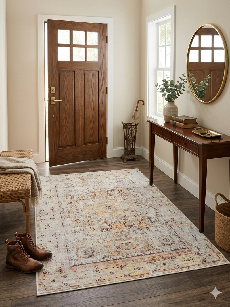 4' x 6' rectangular ivory multicolor distressed floral medallion traditional area rug placed in an entryway with a wooden door and console table.