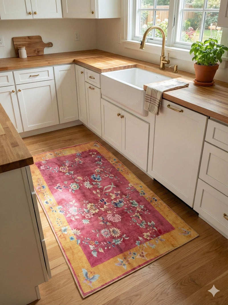 4' x 6' rectangular pink & golden yellow ivory vintage floral traditional area rug placed in a sunlit kitchen with white cabinetry and wood countertops.