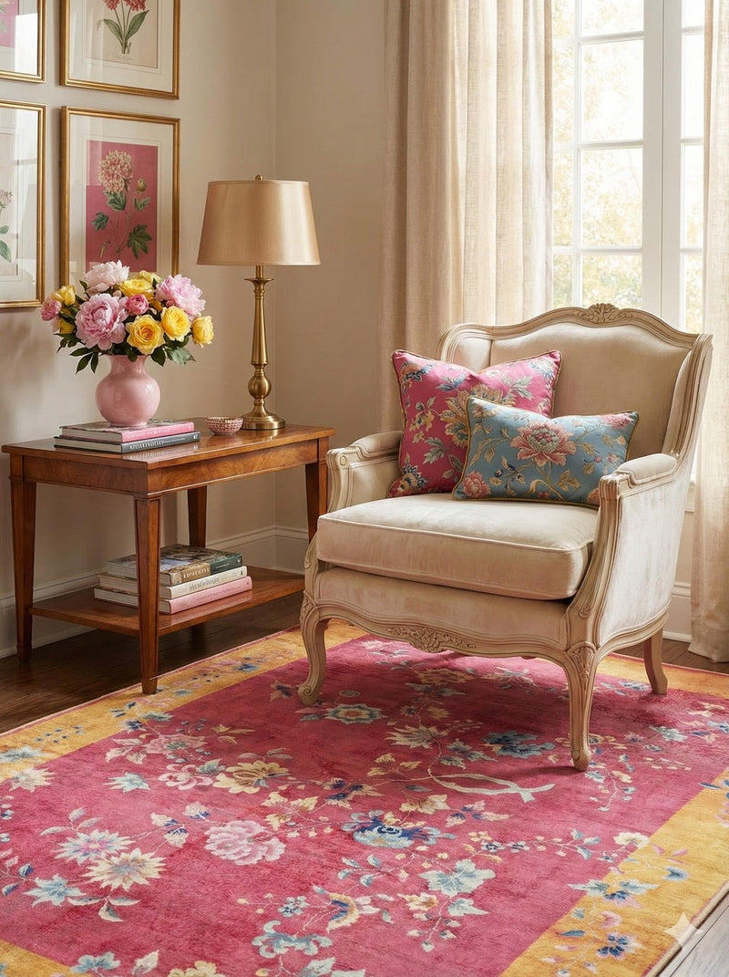 4' x 6' rectangular pink & golden yellow ivory vintage floral traditional area rug styled in a cozy living room beneath an upholstered accent chair and side table.