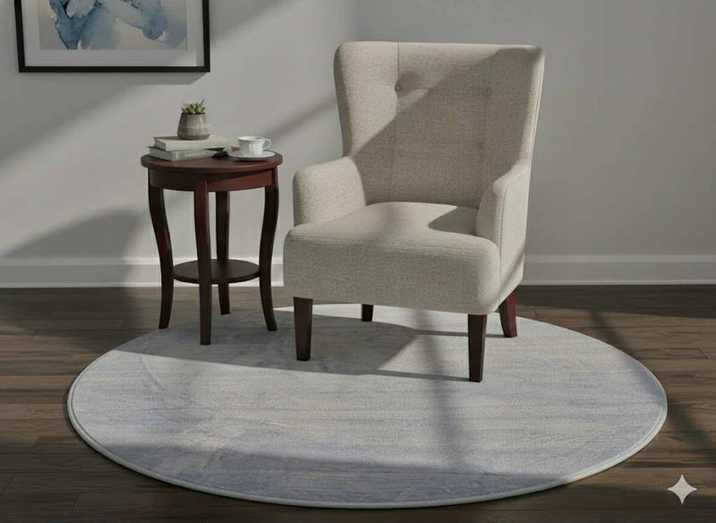 5' x 8' Pink Rose Mid-Century Modern Persian Area Rug rolled corner view highlighting the flexible backing and neatly finished edges.