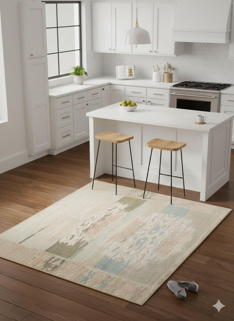 4x4 square beige multi-color abstract ikat area rug placed in a bright modern kitchen beneath a white island with wooden stools.