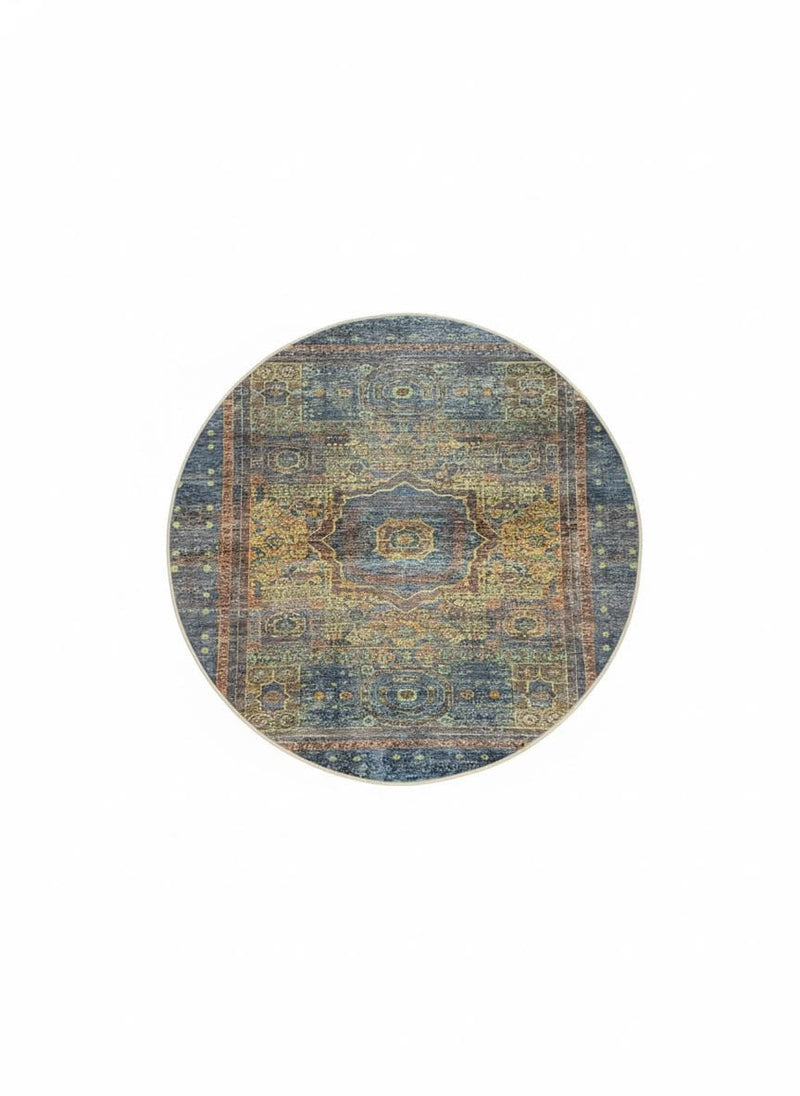 5' Round Blue & Gold Distressed Medallion Vintage Area Rug displayed on a clean background highlighting the circular shape and distressed blue, gold, and ivory medallion pattern.
