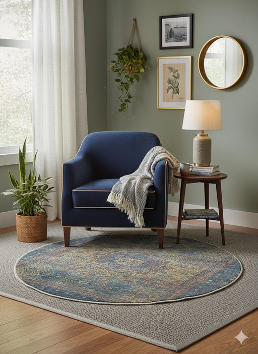 5' Round Blue & Gold Distressed Medallion Vintage Area Rug styled in a cozy reading nook with a navy accent chair, side table with lamp, and greenery against a soft sage green wall.