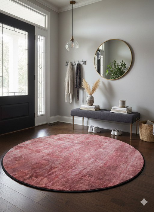 5' Round Blush Pink & Rose Solid Modern Area Rug placed in a bright entryway with dark wood floors, gray bench, and round wall mirror.