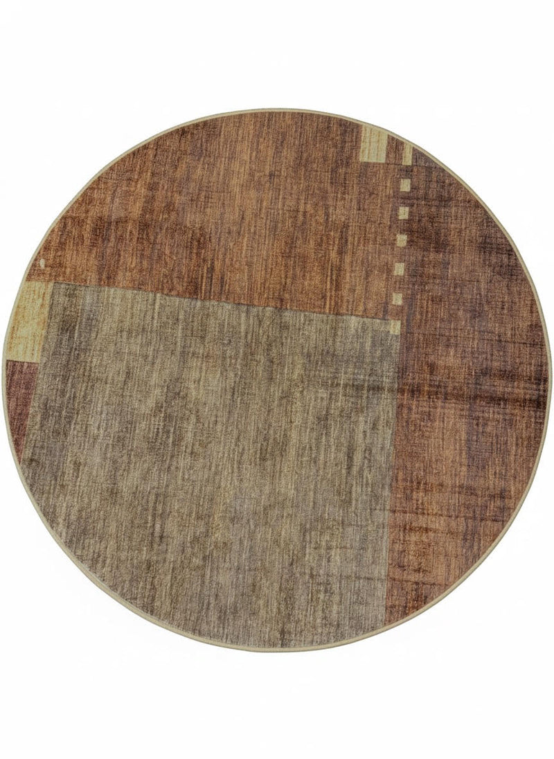 5' Round Brown & Beige Geometric Distressed Modern Area Rug top view displaying the round shape and abstract geometric blocks in warm brown, beige, and taupe tones.