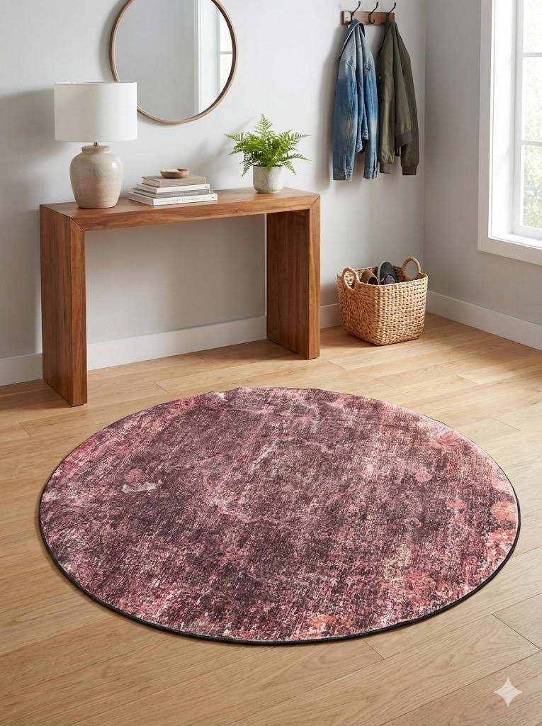 5' Round Deep Mauve Pink & Blush Distressed Abstract Modern Area Rug placed in a bright entryway with wood console table and round mirror.