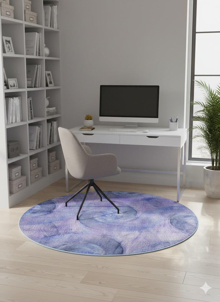 5' Round Lavender Soft Blue Abstract Swirl Area Rug placed in a modern home office with a white desk, gray chair, shelving unit, and indoor plants.