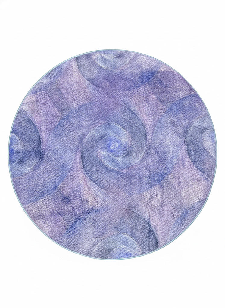 5' Round Lavender Soft Blue Area Rug featuring abstract and swirl pattern on a light neutral background.