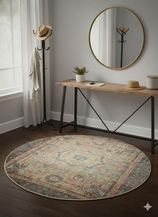 5' Round Multi Color Vintage Medallion Area Rug  placed / styled in a modern entryway with a console table, coat hooks and round wall mirror.