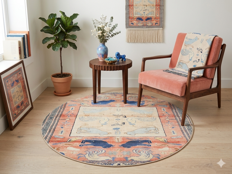 5' Round Peach & Blue Animal Motif Traditional Area Rug styled in a cozy reading nook with an accent chair and side table.