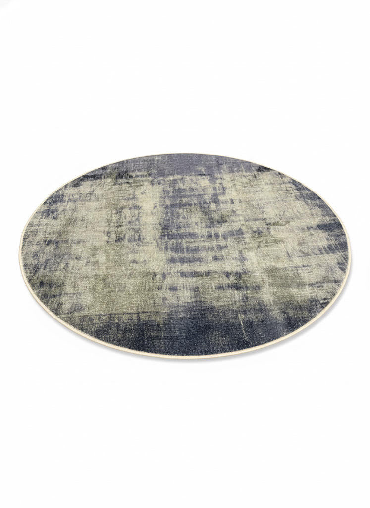 5' Round blue & ivory abstract distressed modern area rug displayed on a white background.