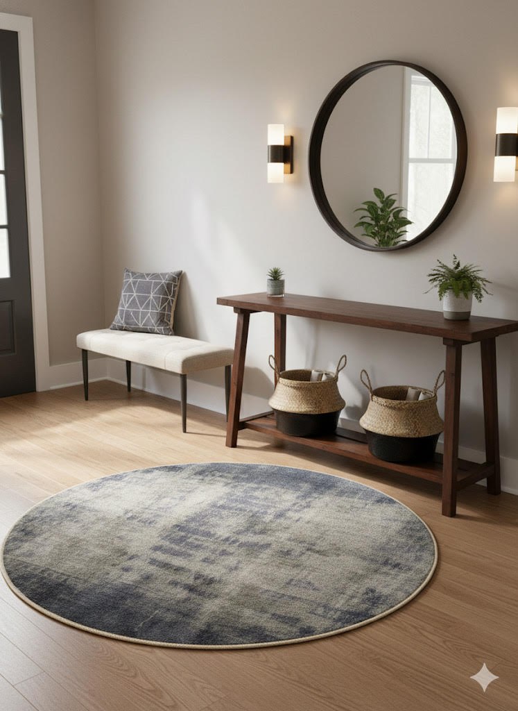 5' Round blue & ivory abstract distressed modern area rug placed in a stylish entryway foyer.