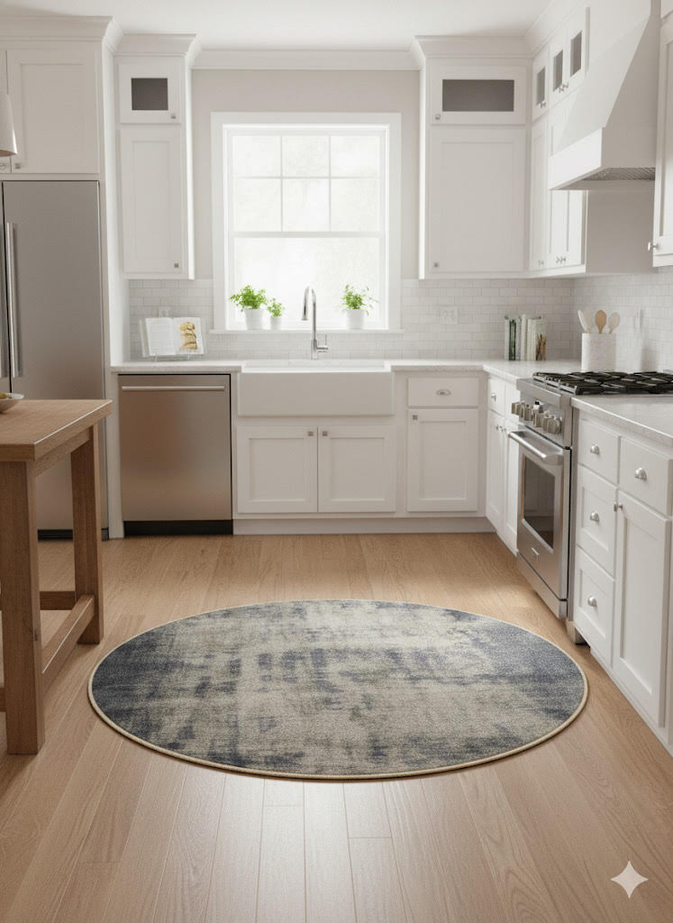 5' Round blue & ivory abstract distressed modern area rug styled in a bright modern kitchen.