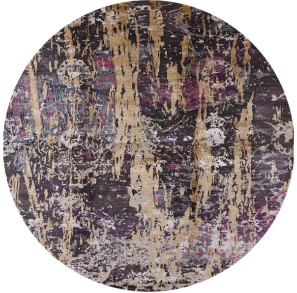 5 ft Round Charcoal Black, Beige & Purple Abstract Distressed Mid-Century Modern Oriental Area Rug isolated on a white background.