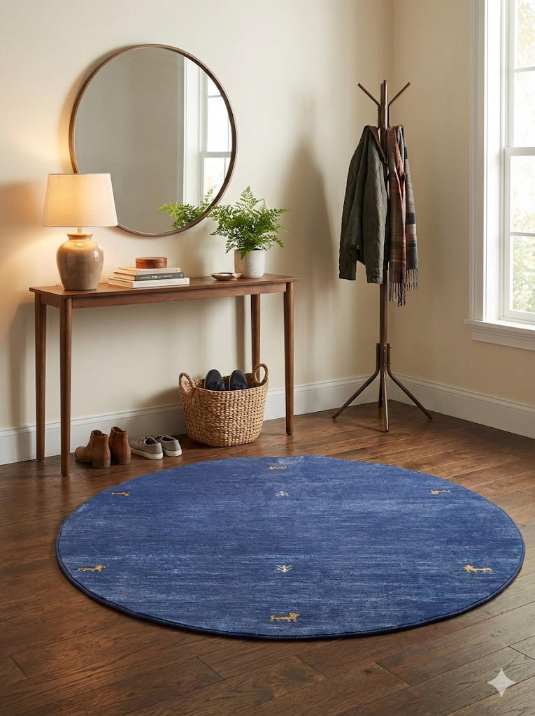 5' round denim blue & soft gold accent minimal motif modern area rug styled in a bright entryway with a wood console table, round mirror, and coat rack.