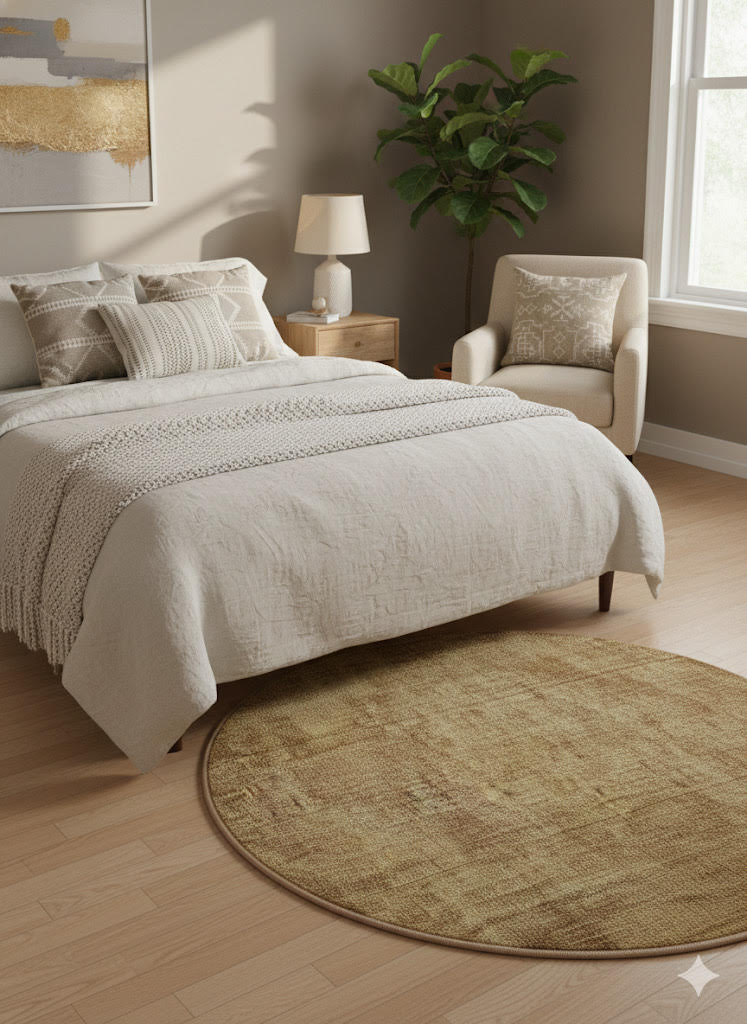 5' round soft golden ochre and warm honey washable solid textured area rug placed in a serene bedroom with neutral bedding, soft natural textures, and warm earthy tones.