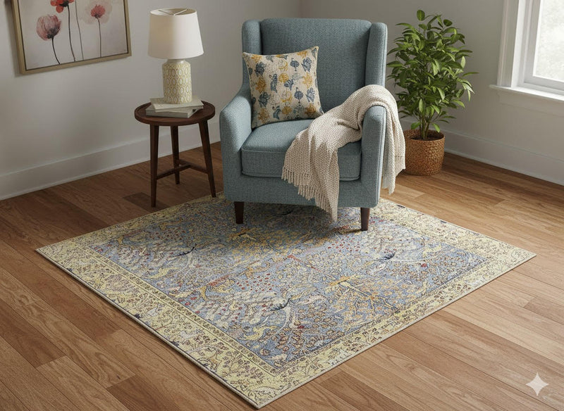 5' x 5' Square Antique Ivory Soft Steel Blue Vintage Floral Area Rug placed in a cozy living room beneath a round coffee table with neutral seating.