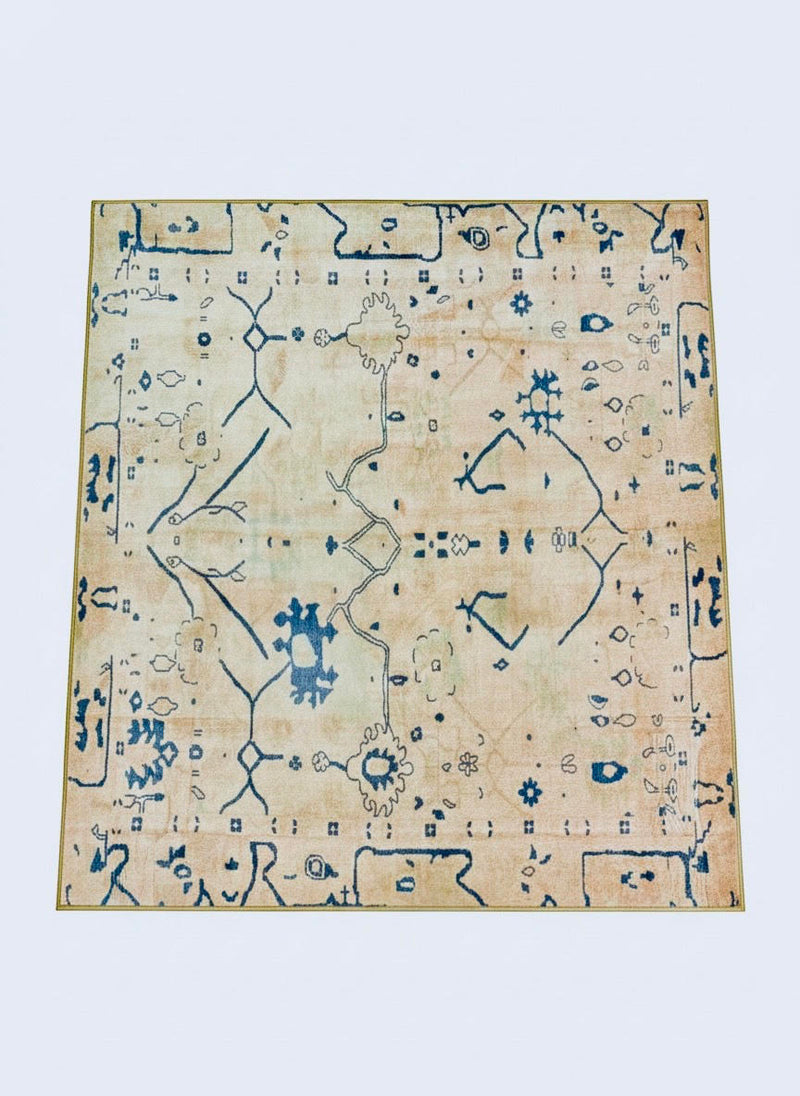5' x 5' Square Blue & Ivory Cream Abstract Modern Area Rug displayed on a light neutral background.