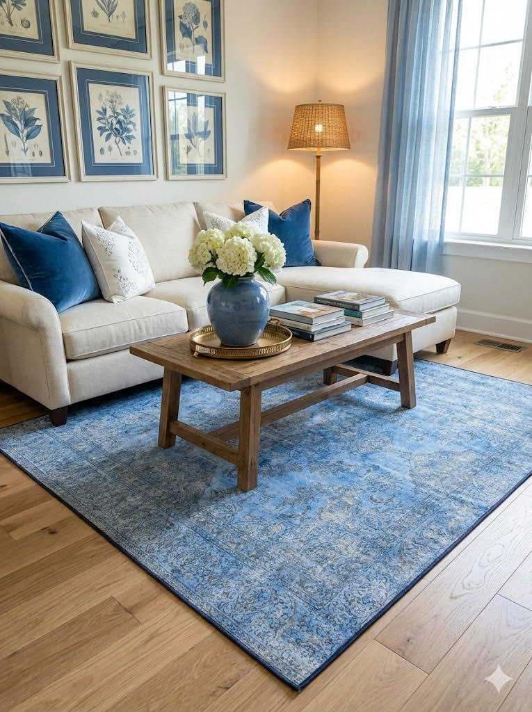 5' x 5' Square Blue Ivory Muted Slate Faint Gray Distressed Area Rug placed in a cozy living room with light wood flooring and natural light 
streaming through the windows.