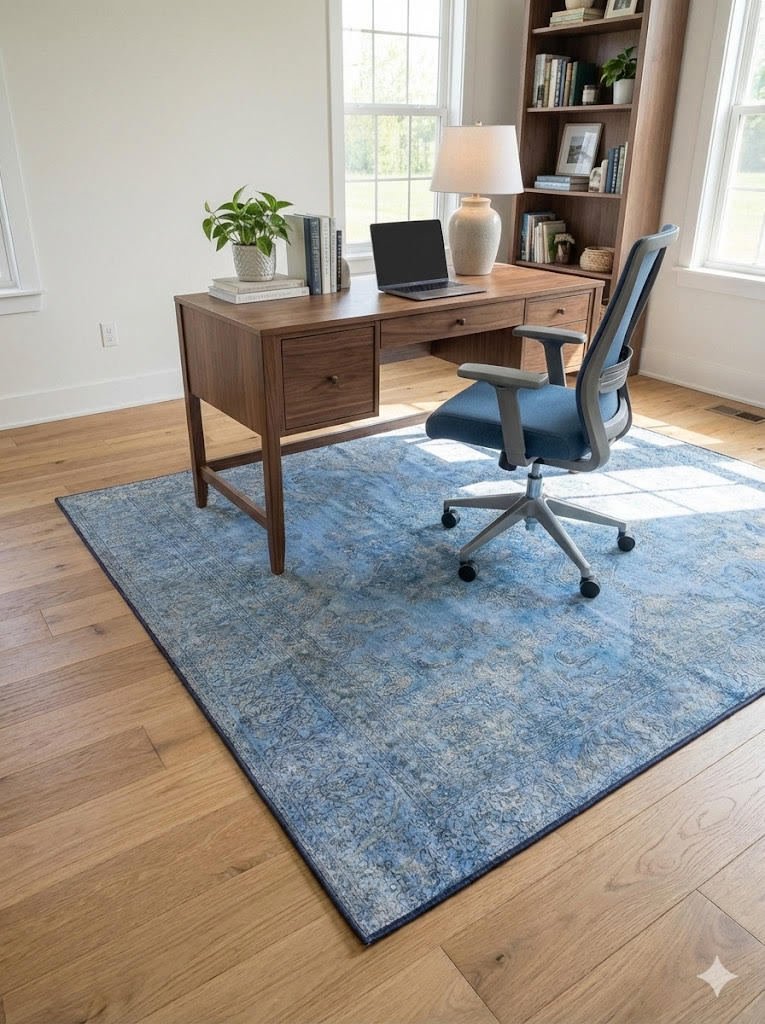 5' x 5' Square Blue Ivory Muted Slate Faint Gray Distressed Area Rug placed under a wooden desk in a stylish home office with ample natural light and elegant bookshelves.