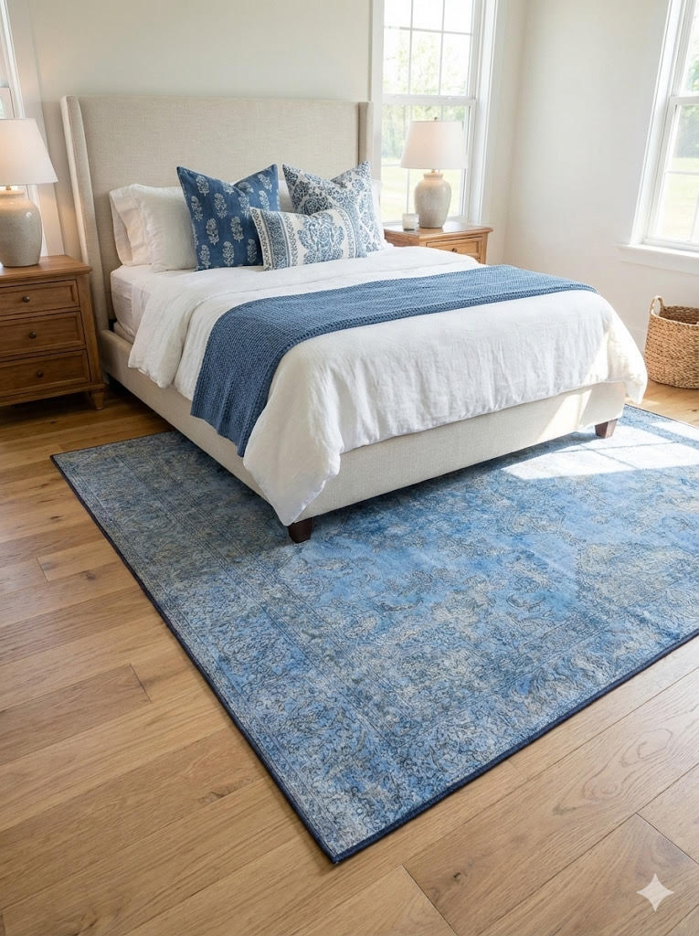 5' x 5' Square Blue Ivory Muted Slate Faint Gray Distressed Area Rug styled in an elegant bedroom with wood nightstands.