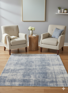 5' x 5'  Square Blue Ivory Soft Gray Distressed Vintage Area Rug placed / styled in a cozy living room seating nook between two armchairs.