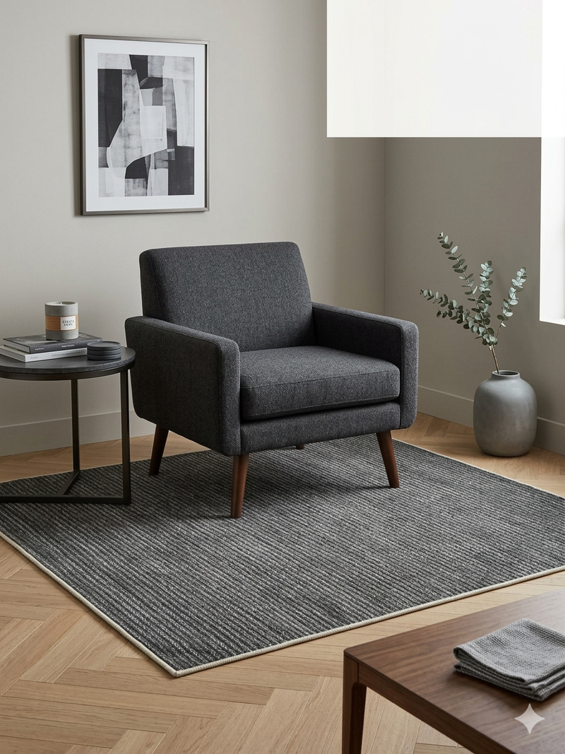 5' x 5' Square Gray & Light Gray Striped Modern Minimalist Washable Area Rug styled in a contemporary living room corner.