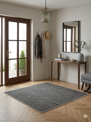 5' x 5' Square Gray & Light Gray Striped Modern Minimalist Washable Area Rug styled in a modern entryway.