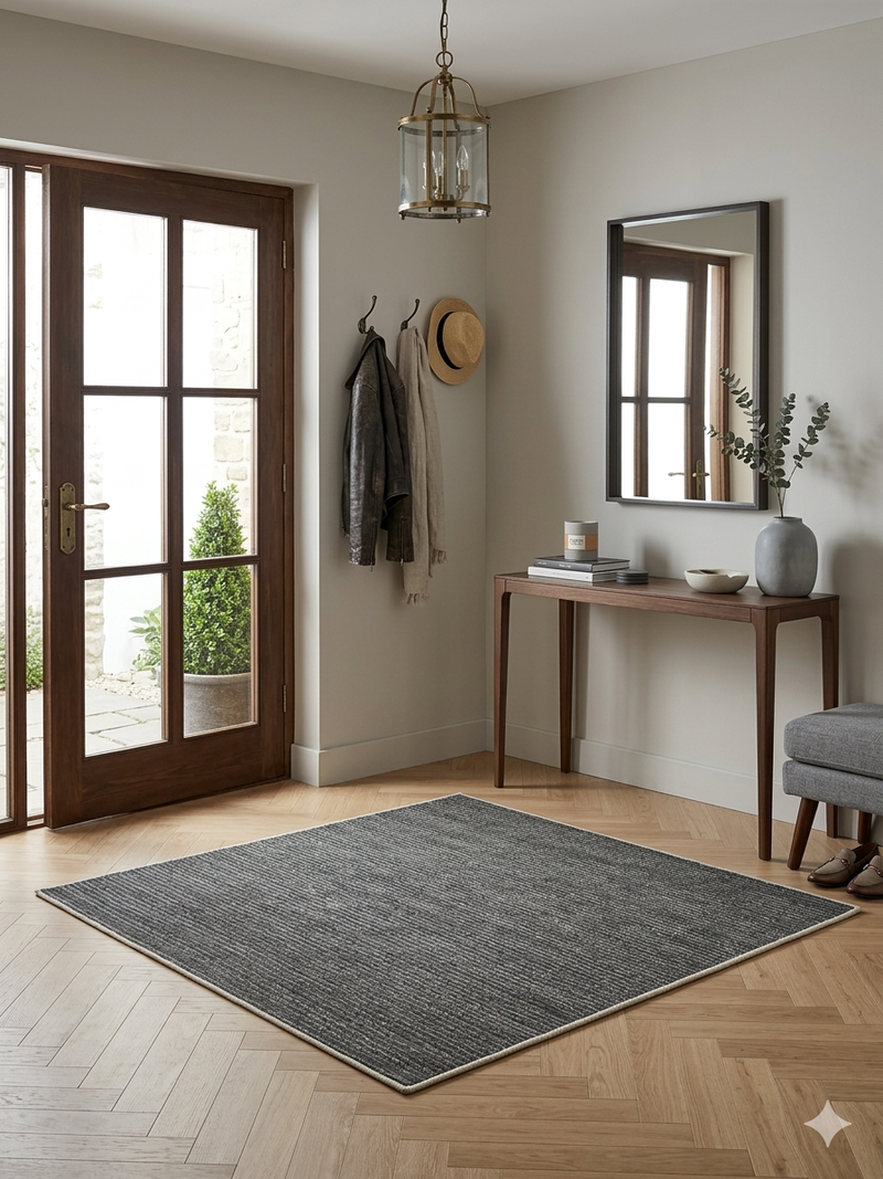 5' x 5' Square Gray & Light Gray Striped Modern Minimalist Washable Area Rug styled in a modern entryway.