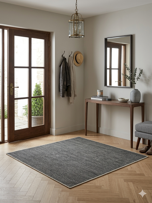 5' x 5' Square Gray & Light Gray Striped Modern Minimalist Washable Area Rug styled in a modern entryway.