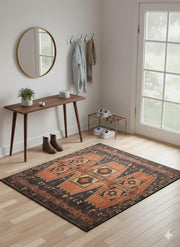 5' x 5' Square Terracotta with Charcoal and muted rust accents Southwestern geometric pattern vintage-inspired area rug placed in a bright entryway featuring light wood floors, a slim wooden console table, round wall mirror, wall hooks with hanging scarves, woven storage basket, minimal décor, and a glass-paneled door allowing natural daylight.