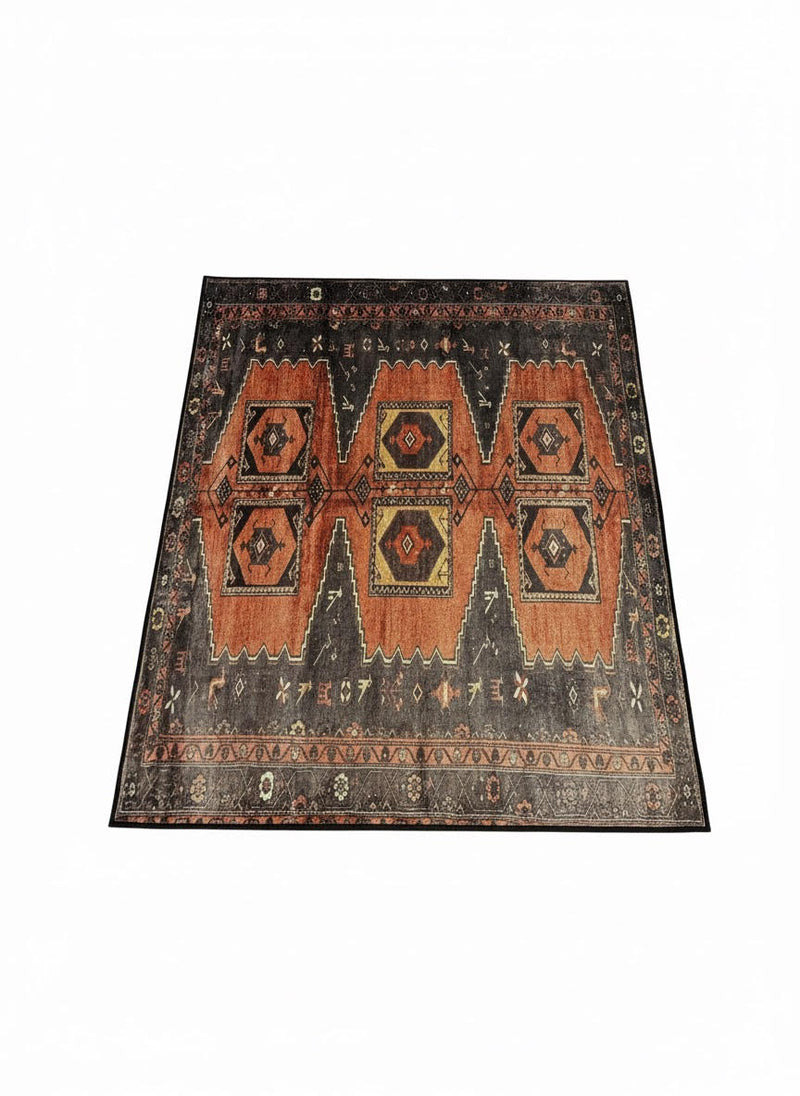 5' x 5' Square Terracotta with Charcoal, rust, and subtle beige accents Southwestern geometric pattern vintage-inspired area rug shown on a clean white background, highlighting the bold central motifs, distressed detailing, and classic woven texture without surrounding décor.