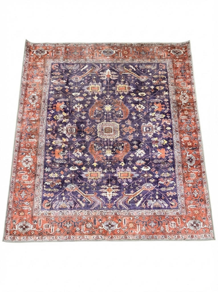 5' x 5' purple and rust soft blue vintage floral square area rug featuring a detailed floral medallion design with a decorative border on a white background.
