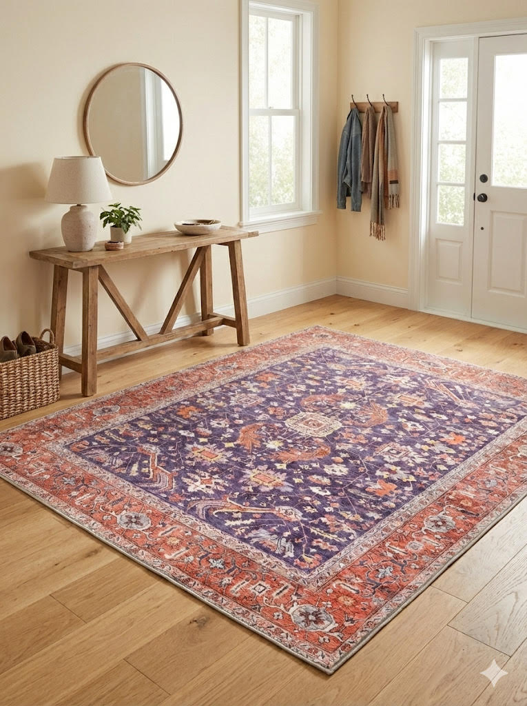 5' x 5' purple and rust soft blue vintage floral square area rug styled in a bright entryway with a wood console table and light wood flooring.