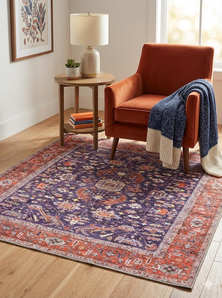 5' x 5' purple and rust soft blue vintage floral square area rug styled in a cozy corner with a rust accent chair and light wood flooring.
