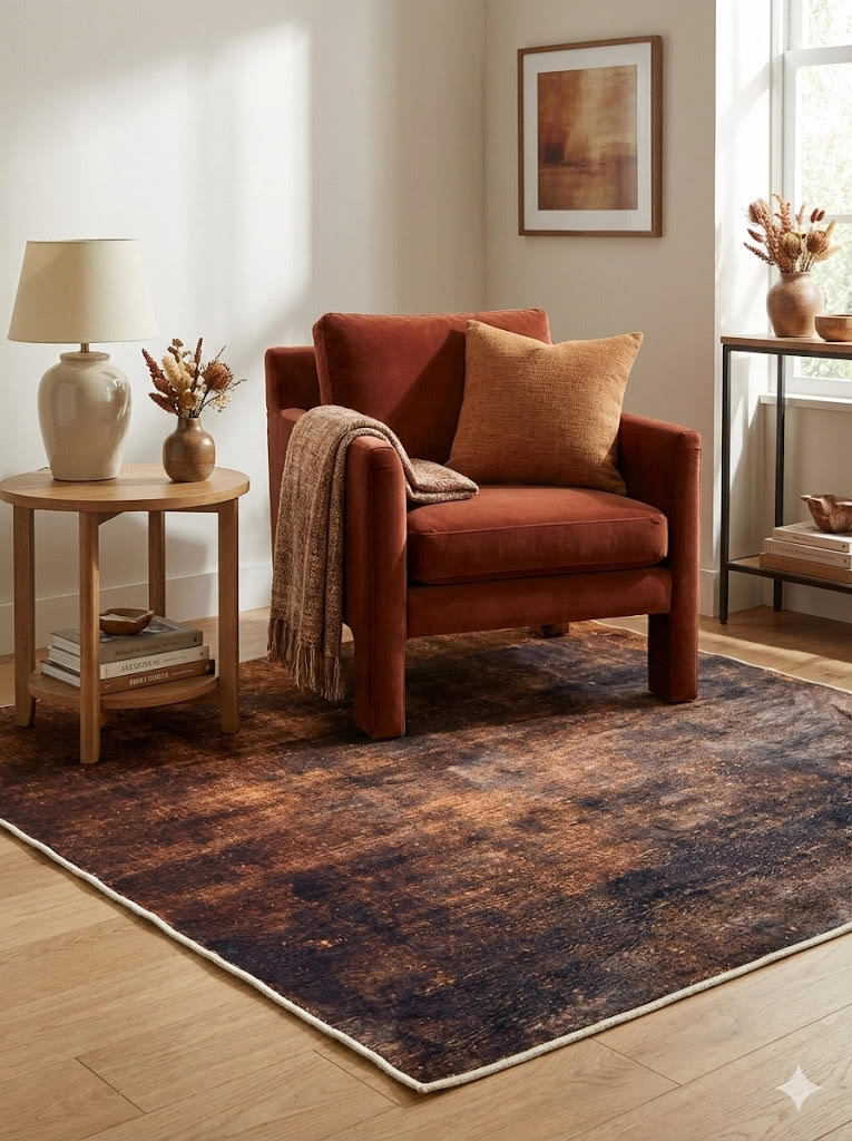 5' x 5' square brown & rust copper charcoal abstract modern area rug styled in a cozy seating area.