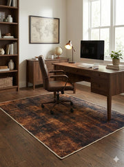 5' x 5' square brown & rust copper charcoal abstract modern area rug styled in a home office.