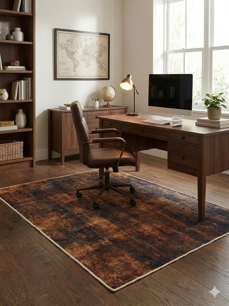 5' x 5' square brown & rust copper charcoal abstract modern area rug styled in a home office.